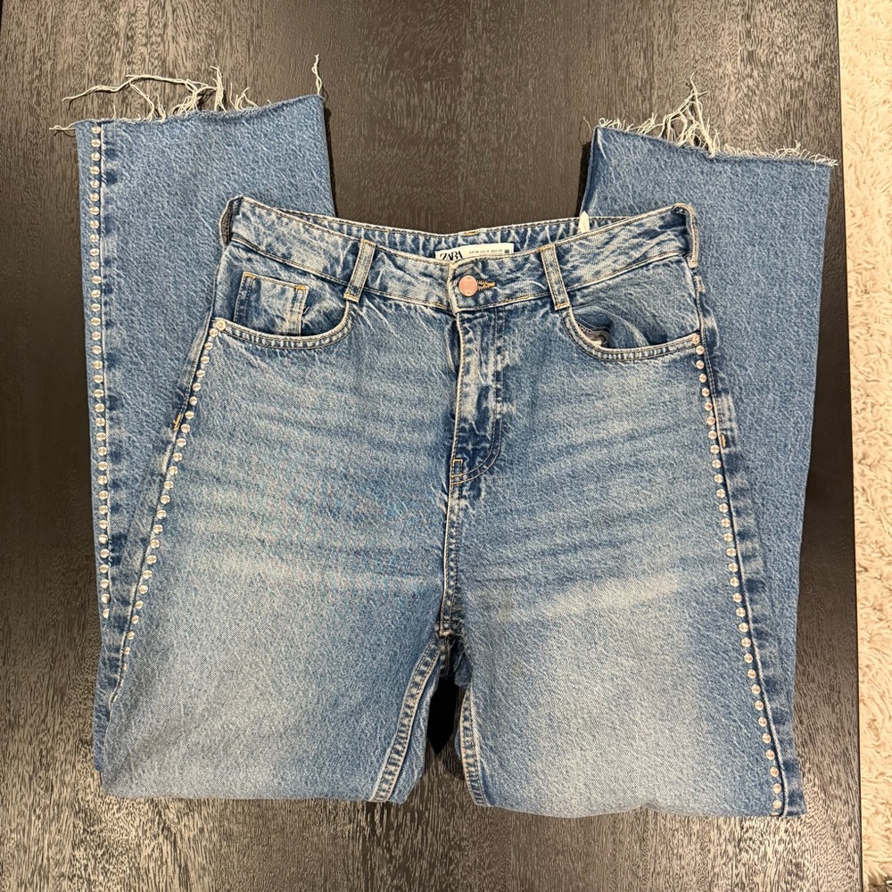 Zara Light Blue High-Rise Jeans with Side Stud Detail
